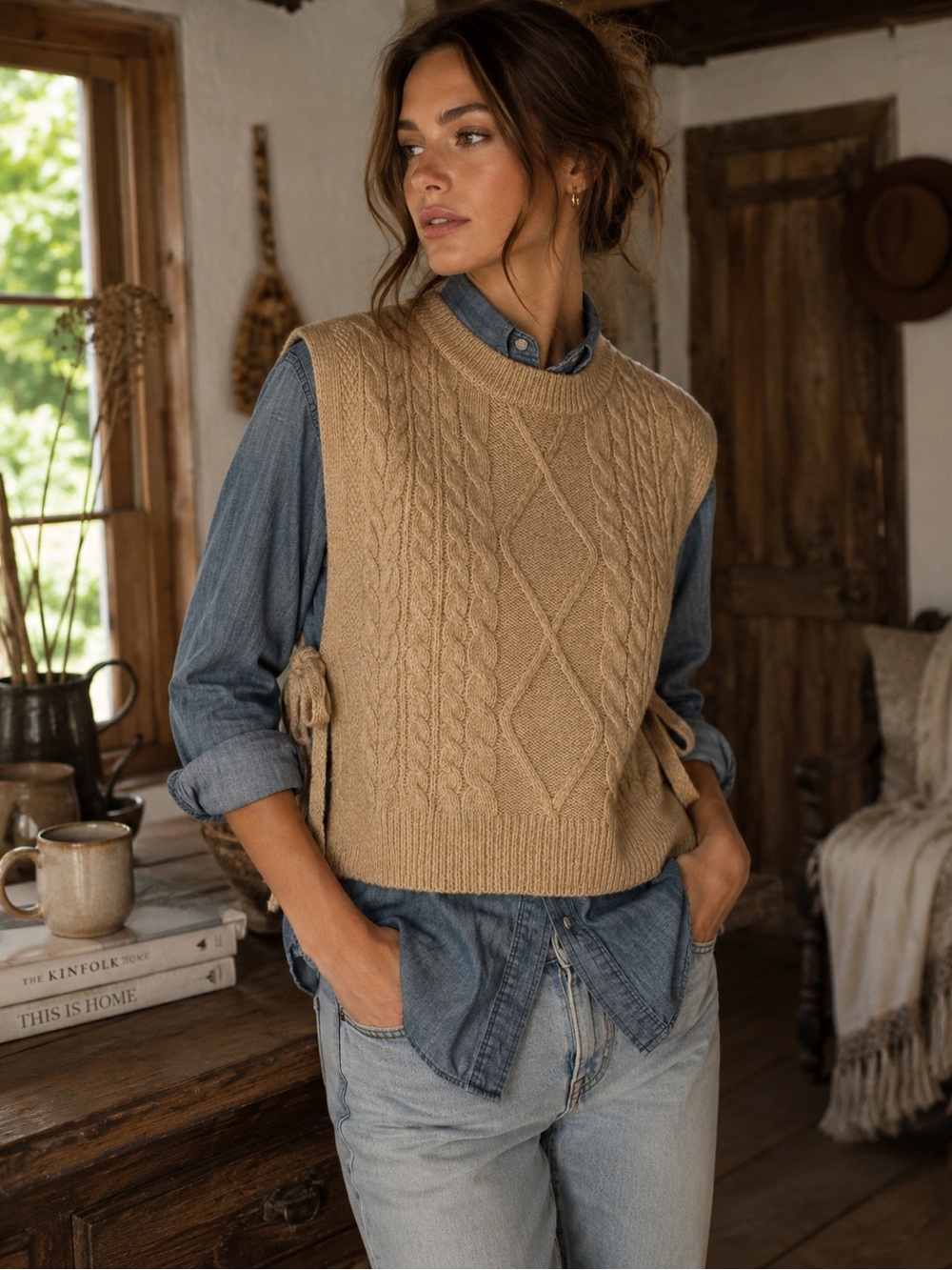 American Eagle Side-Tie Cable Knit Sweater Vest Tan Brown Size Small NWT
